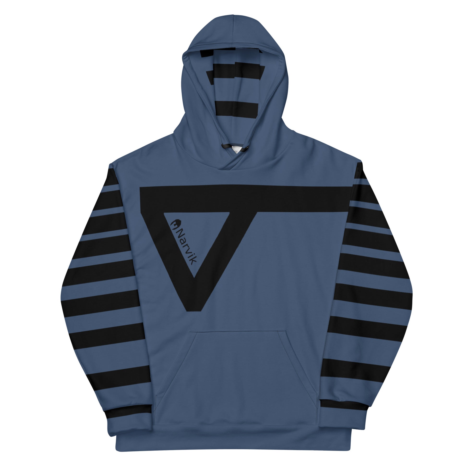 Pale navy colored hoodie with black rings on sleaves made for surfers and water sports enthusiasts