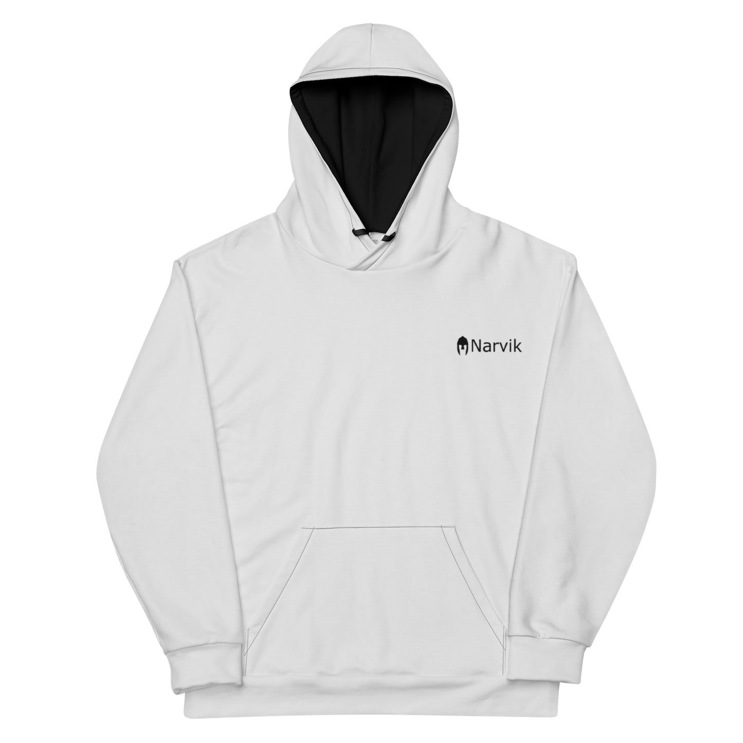 Solid foggy white hoodie with black draw strings and black inner hood made for the corporate warrior who works from home.