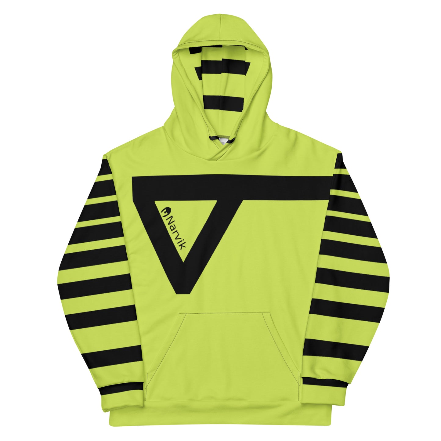 Fluorescent yellow hoodie with black rings on sleaves made for surfers and water sports enthusiasts